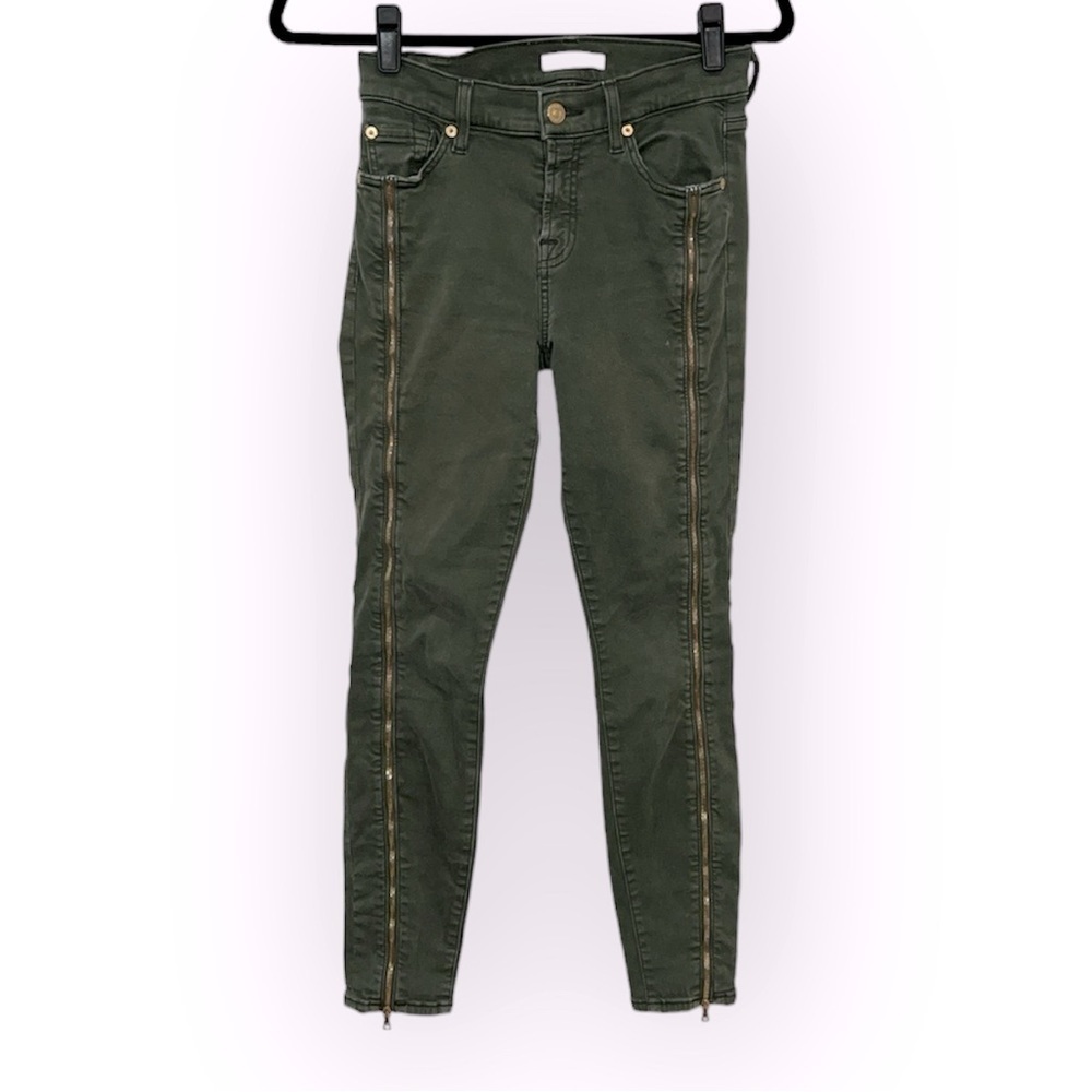 7 for All Mankind Olive Green Skinny Jeans Gold front zipper size 26
